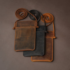 Handcrafted Leather Neck Phone Pouch with Leather Strap, Personalized Phone Sleeve with Leather Lanyard for iPhone