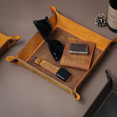 Handmade Leather Catchall Tray, Handcrafted Leather Valet Tray for Keys, Phones, Jewels, Coins