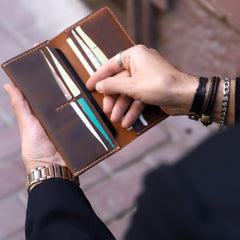 Handmade Long Leather Wallet, Personalized Bi-Fold phone Wallet for Men and Women, 8 Card Slots, 1 Cash Pocket, 1 Phone Slot