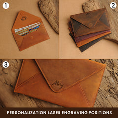 Mayacraft leather envelope wallet laser customization positions