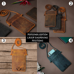 Handcrafted Leather Neck Phone Pouch with Leather Strap, Personalized Phone Sleeve with Leather Lanyard for iPhone