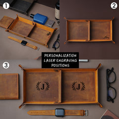 Handmade Leather Catchall Tray, Handcrafted Leather Valet Tray for Keys, Phones, Jewels, Coins