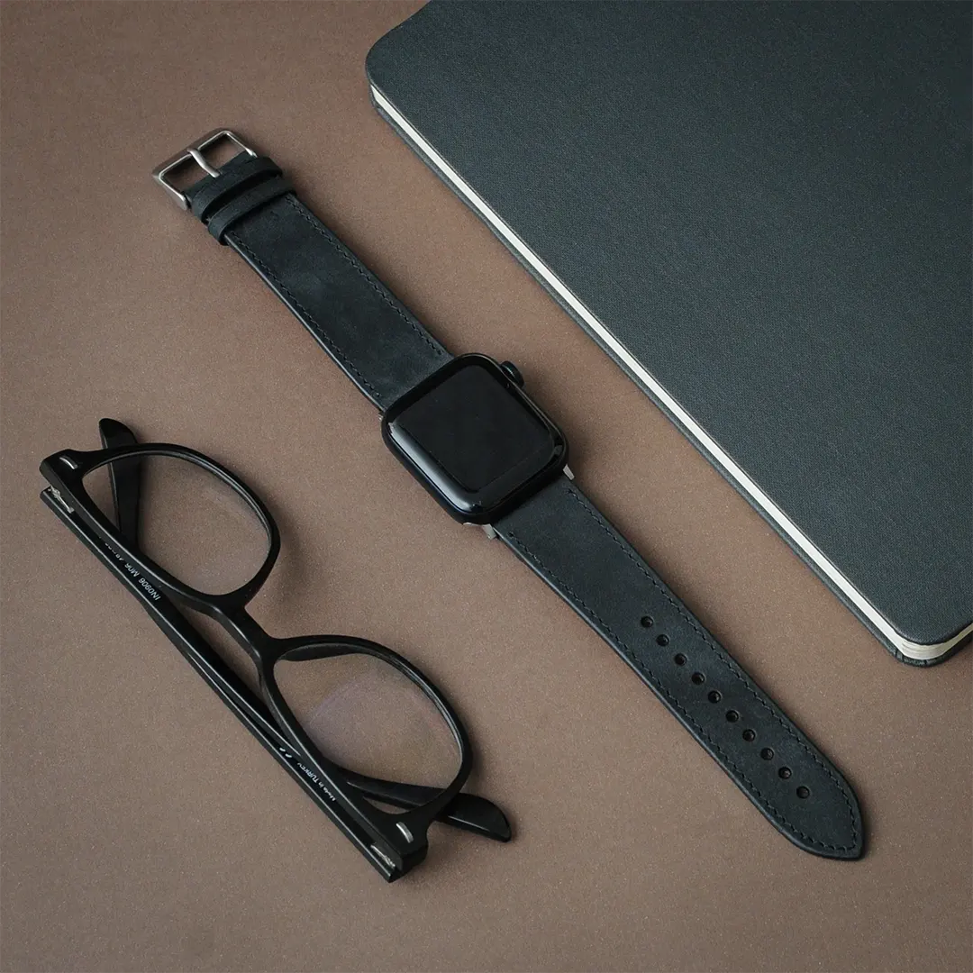 leather apple watch band green in office by Mayacraft